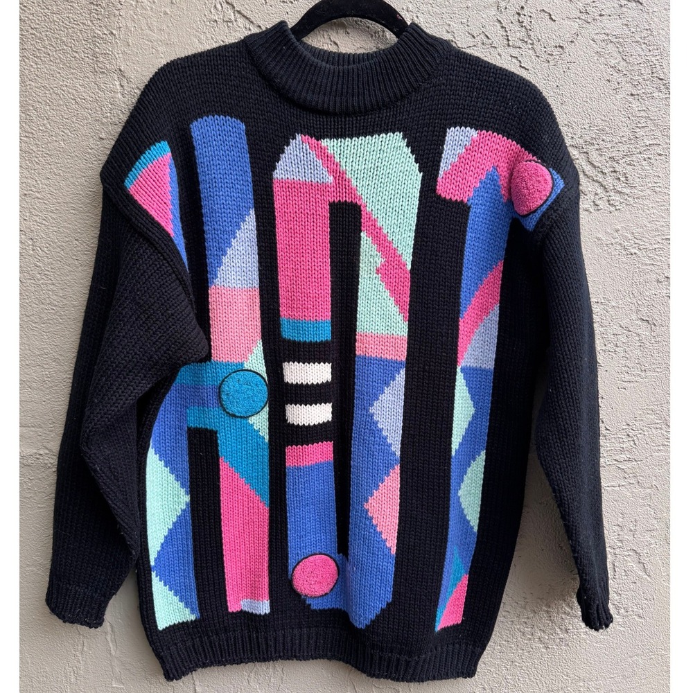 Vintags Currants Black Geometric HOT Colorful Sweater SMALL Retro 80s Abstract